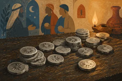 Ancient Silver Talents on Wooden Table