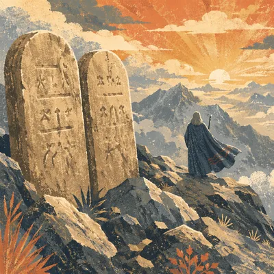 Ten Commandments Tablets on Mountain at Dawn