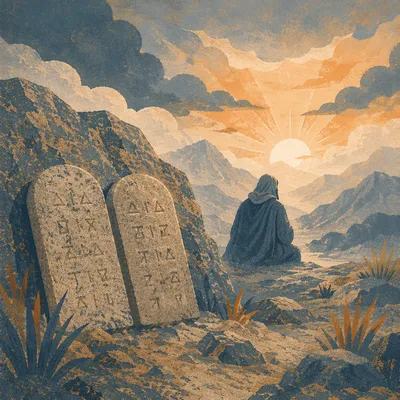 Ten Commandments Tablets on Misty Mountain
