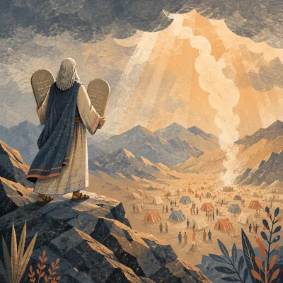 Moses Carrying Tablets Above Desert Valley