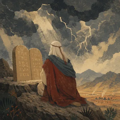 Moses Kneeling With Stone Tablets on Mountain