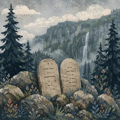 Ten Commandments Tablets on Misty Mountain