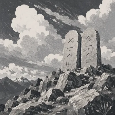 Stone Tablets on Dramatic Mountain Ridge