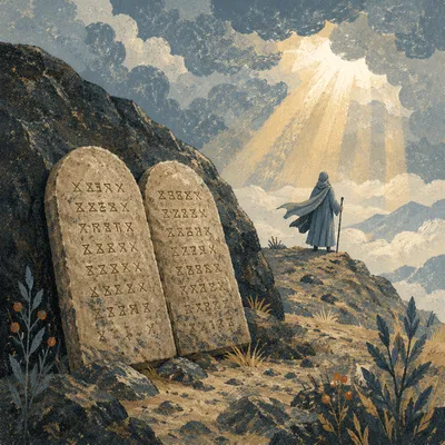 Ten Commandments Tablets on Stormy Mountain