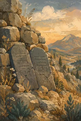Ten Commandments Tablets on Mountain Slope