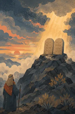 Ten Commandments Tablets on Mountain at Dawn