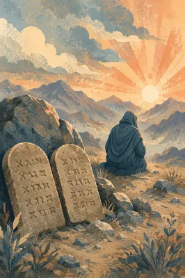 Ten Commandments Tablets on Misty Mountain