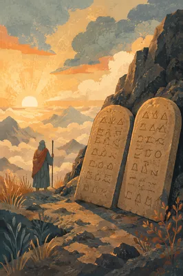 Ten Commandments Tablets on Mountain at Sunrise