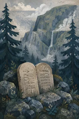 Ten Commandments Tablets on Misty Mountain