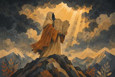 Ten Commandments Tablets on Stormy Mountain