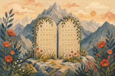 Ten Commandments Stone Tablets on Mountain