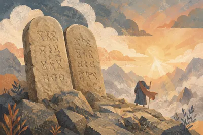 Ten Commandments Tablets on Mountain at Dawn