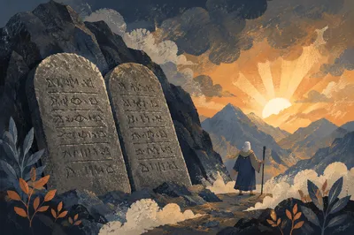 Ten Commandments Tablets on Stormy Mountain