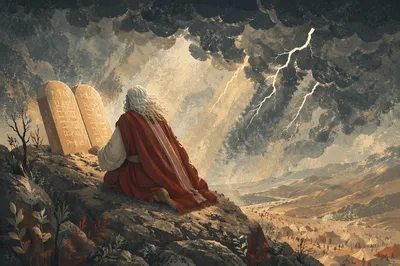 Ten Commandments Tablets on Stormy Mountain