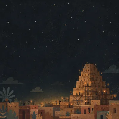 Tower of Babel Night Construction Scene