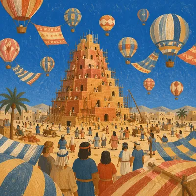 Tower of Babel Languages in Colorful Sky