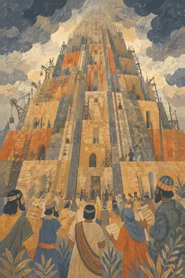 Tower of Babel Confusion Under Storm Clouds