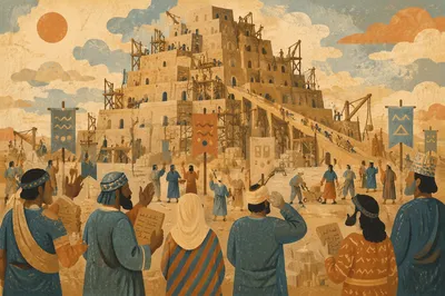 Tower of Babel Multilingual Workers at Dawn