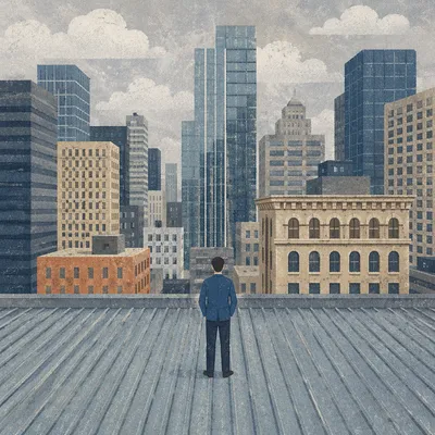 Contemplative Businessperson on Urban Office Rooftop