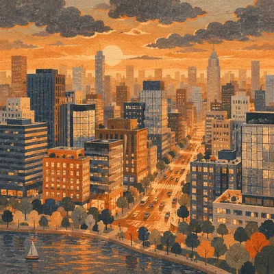 Golden Hour Urban Office Rooftops Aerial