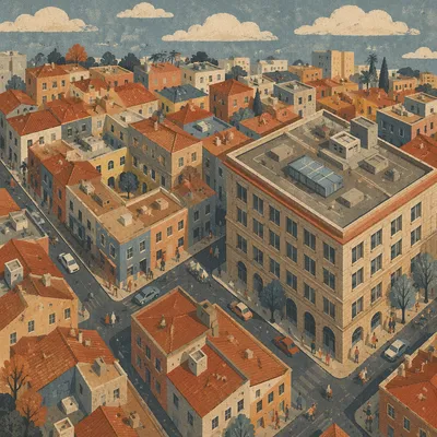 Aerial Urban Office Rooftops at Dusk