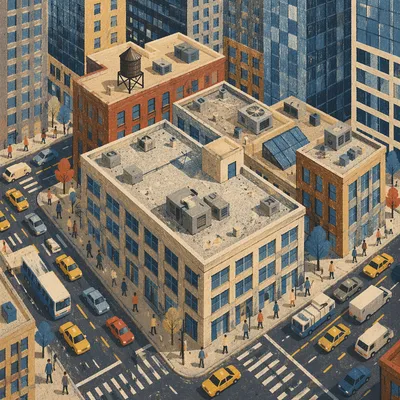 Aerial Downtown Office Rooftops and Traffic