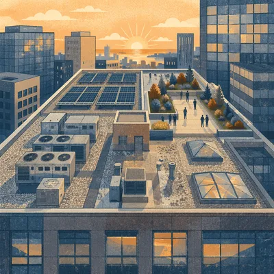 Urban Office Rooftop at Sunrise Aerial