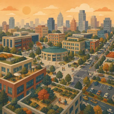 Golden Hour Aerial Urban Office Rooftops
