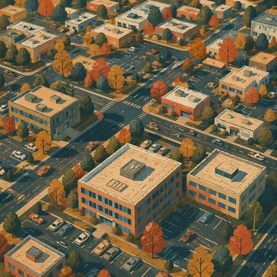 Aerial Urban Office Rooftops at Golden Hour