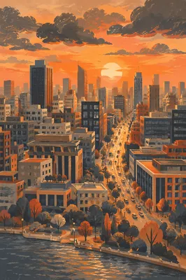 Golden Hour Aerial Business District Rooftops
