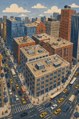 Aerial Downtown Office Rooftops and Traffic