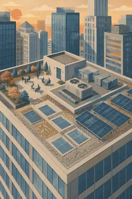 Aerial Rooftop View of Urban Office Tower