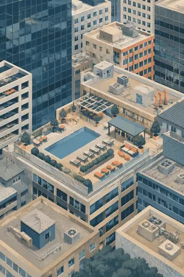 Aerial Office Rooftops in Urban Business District