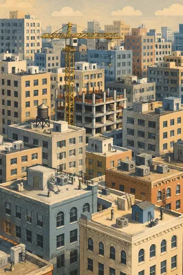 Aerial Urban Office Rooftops at Sunset