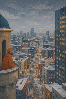 Winter Aerial View of Urban Business Rooftops