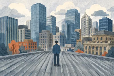 Contemplative Businessperson on Urban Office Rooftop