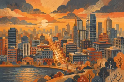 Golden Hour Aerial Business District Rooftops