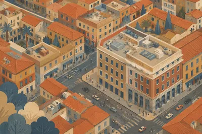 Aerial Urban Office Rooftops at Dusk