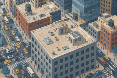Aerial Downtown Office Rooftops and Traffic
