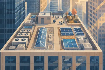 Urban Office Rooftop at Sunrise Aerial