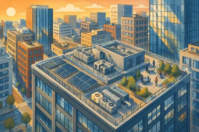 Sunrise Aerial Rooftop in Urban Business District