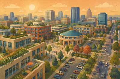 Golden Hour Aerial Urban Office Rooftops