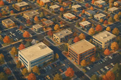Golden Hour Aerial Urban Office Rooftops