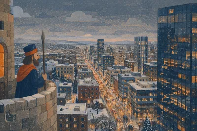 Winter Dusk Over Urban Business Rooftops