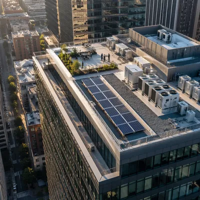 Sunrise Aerial Office Rooftop in Urban District