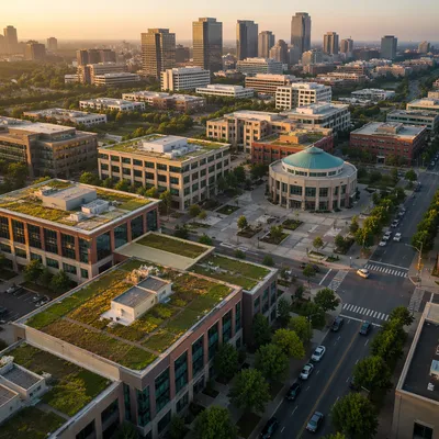 Aerial Rooftop View of Urban Office District