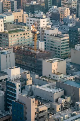 Aerial Urban Office Rooftops at Sunset