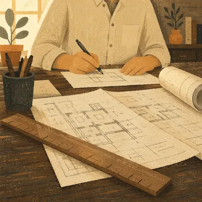 Architectural Blueprint Desk with Wooden Ruler
