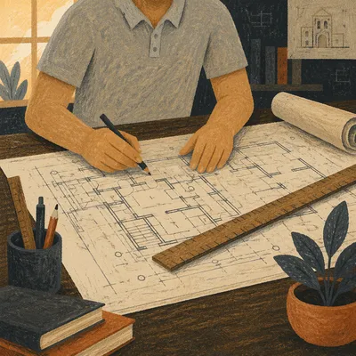Architect Drafting Blueprint on Wooden Desk