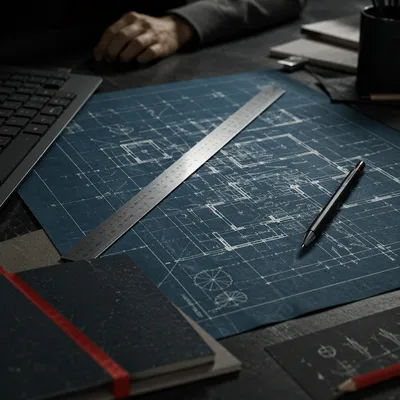 Architect Blueprint Desk With Metal Ruler
